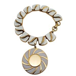 Signed Coro White Enamel Gold Tone Bracelet Pinwheel Charm Chunky Designer Vtg